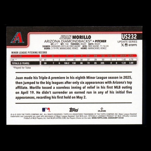 Juan Morillo RC 2025 Topps Update Rookie Diamondbacks