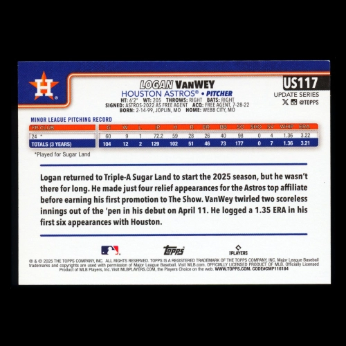 Logan VanWey RC 2025 Topps Update Rookie Astros