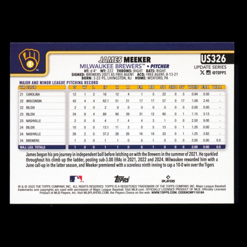 James Meeker RC 2025 Topps Update Rookie Brewers