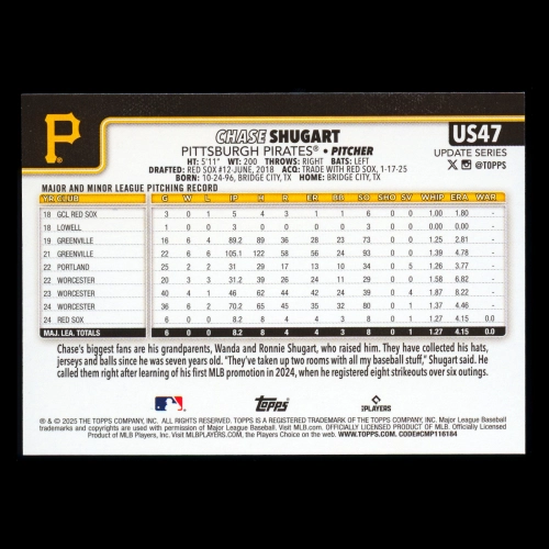 Chase Shugart RC 2025 Topps Update Rookie Pirates