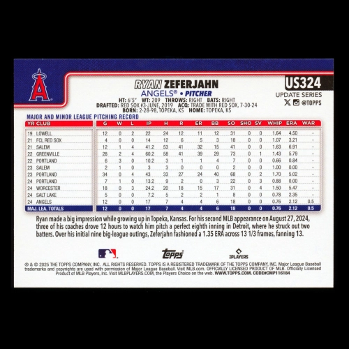Ryan Zeferjahn RC 2025 Topps Update Rookie Angels