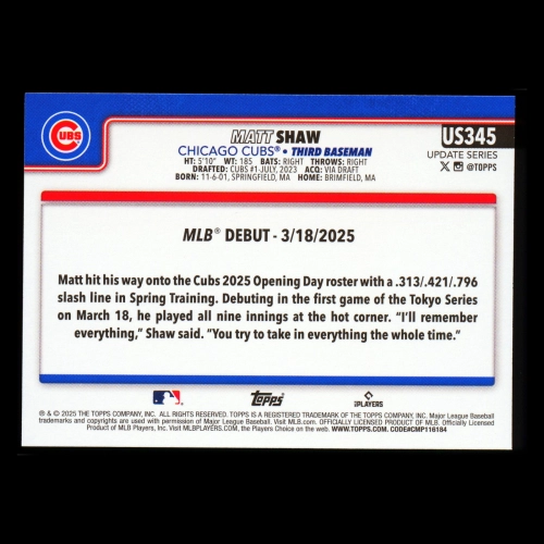 Matt Shaw 2025 Topps Update Rookie Debut Cubs