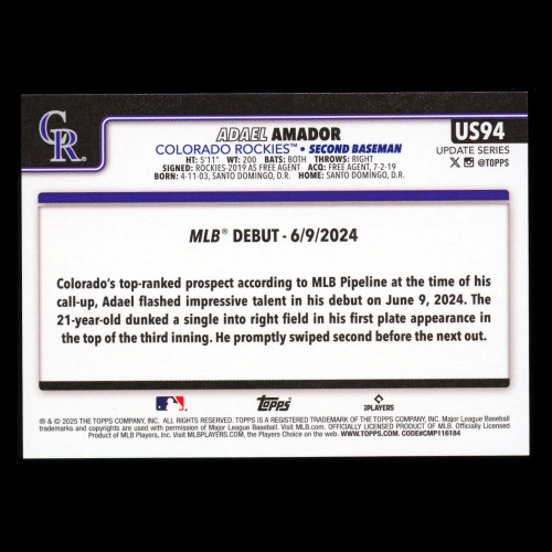 Adael Amador 2025 Topps Update Rookie Debut Rockies