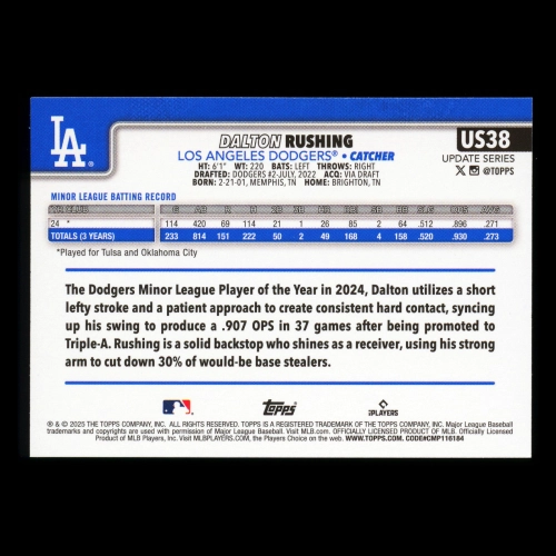 Dalton Rushing RC 2025 Topps Update Rookie Dodgers