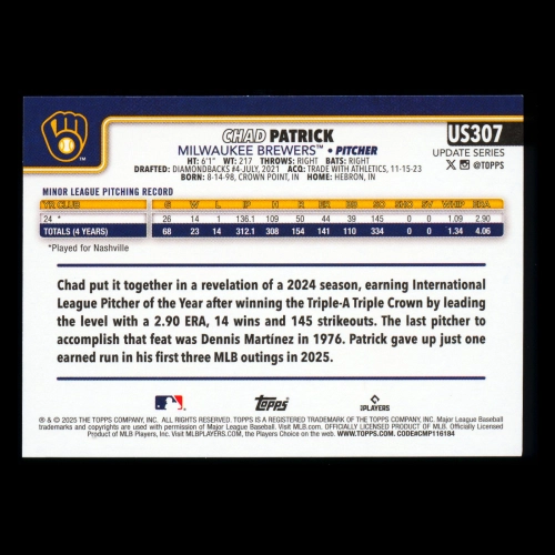 Chad Patrick RC 2025 Topps Update Rookie Brewers