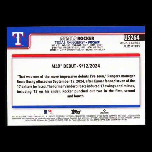 Kumar Rocker 2025 Topps Update Rookie Debut Rangers