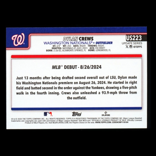 Dylan Crews 2025 Topps Update Rookie Debut Nationals