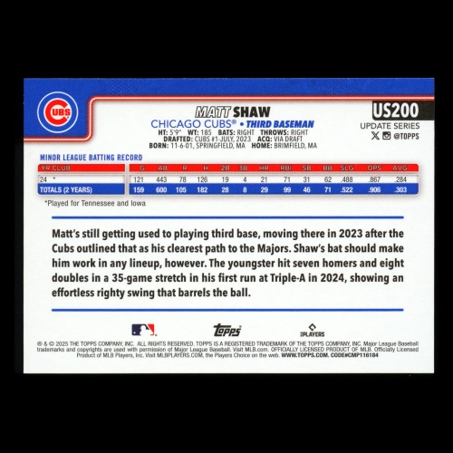 Matt Shaw RC 2025 Topps Update Rookie Cubs