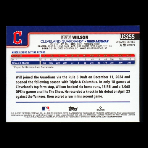 Will Wilson RC 2025 Topps Update Rookie Guardians
