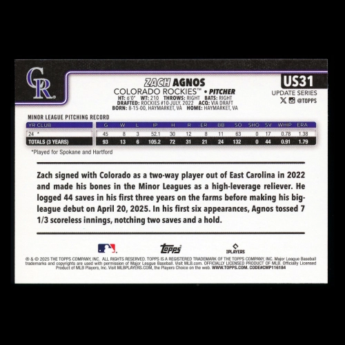 Zach Agnos RC 2025 Topps Update Rookie Rockies