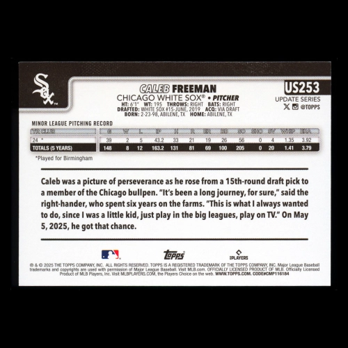 Caleb Freeman RC 2025 Topps Update Rookie White Sox