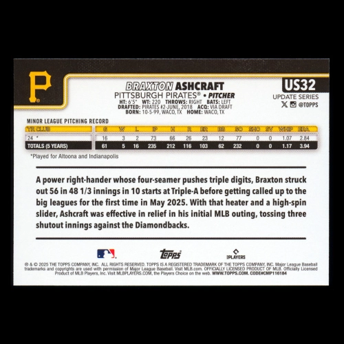 Braxton Ashcraft RC 2025 Topps Update Rookie Pirates