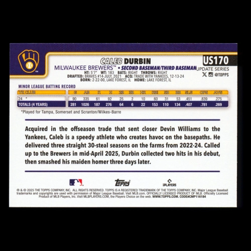 Caleb Durbin RC 2025 Topps Update Rookie Brewers