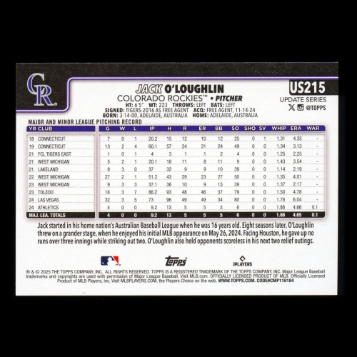 Jack OLoughlin RC 2025 Topps Update Rookie Rockies