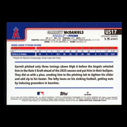 Garrett McDaniels RC 2025 Topps Update Rookie Angels