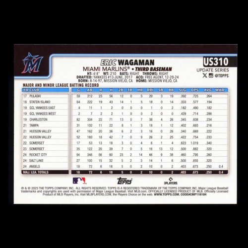 Eric Wagaman RC 2025 Topps Update Rookie Marlins