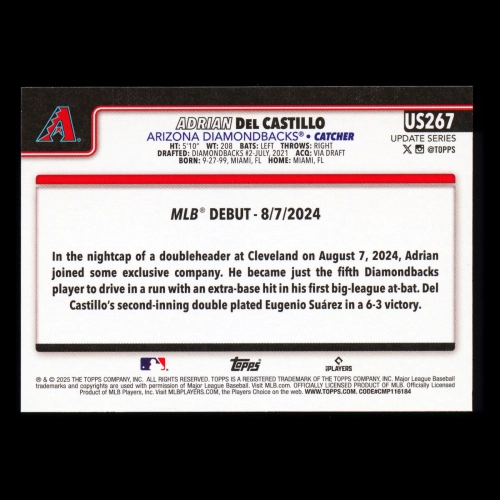 Adrian Del Castillo 2025 Topps Update Rookie Debut Diamondbacks