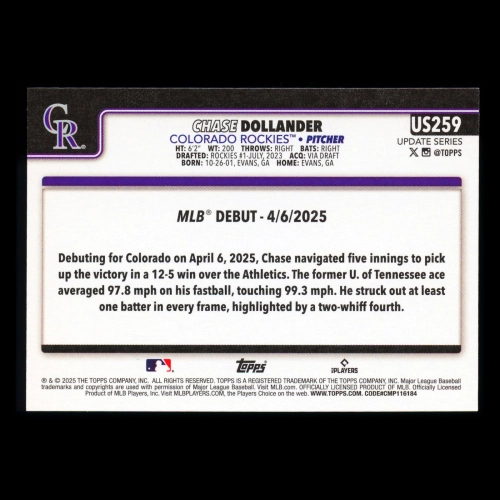 Chase Dollander 2025 Topps Update Rookie Debut Rockies