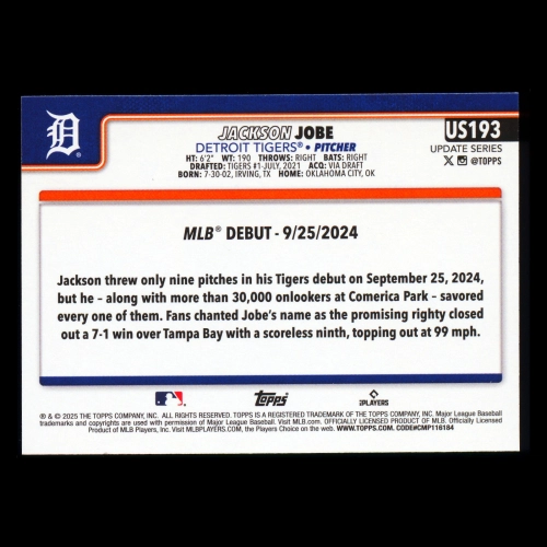 Jackson Jobe 2025 Topps Update Rookie Debut Tigers