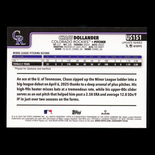Chase Dollander RC 2025 Topps Update Rookie Rockies