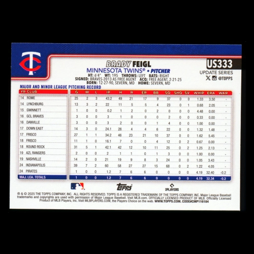 Brady Feigl RC 2025 Topps Update Rookie Twins