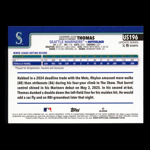 Rhylan Thomas RC 2025 Topps Update Rookie Mariners