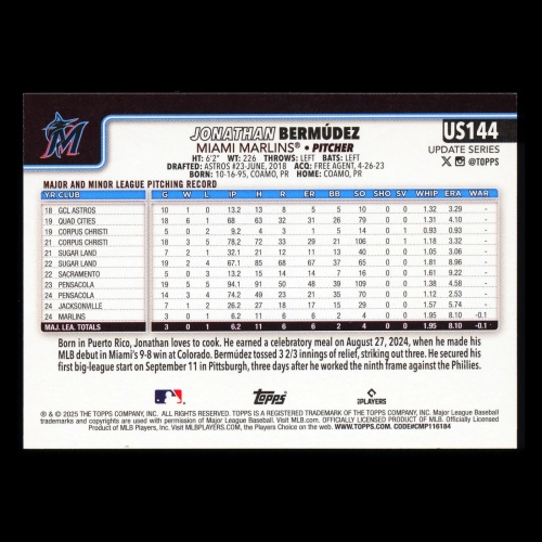 Jonathan Bermdez RC 2025 Topps Update Rookie Marlins