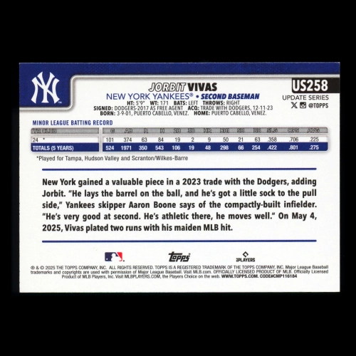 Jorbit Vivas RC 2025 Topps Update Rookie Yankees