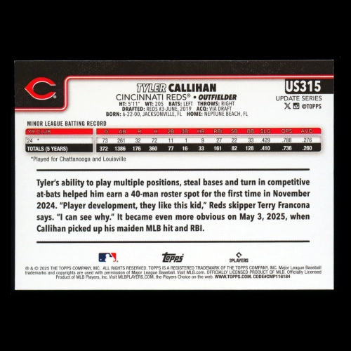 Tyler Callihan RC 2025 Topps Update Rookie Reds