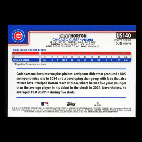 Cade Horton RC 2025 Topps Update Rookie Cubs