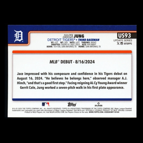Jace Jung 2025 Topps Update Rookie Debut Tigers