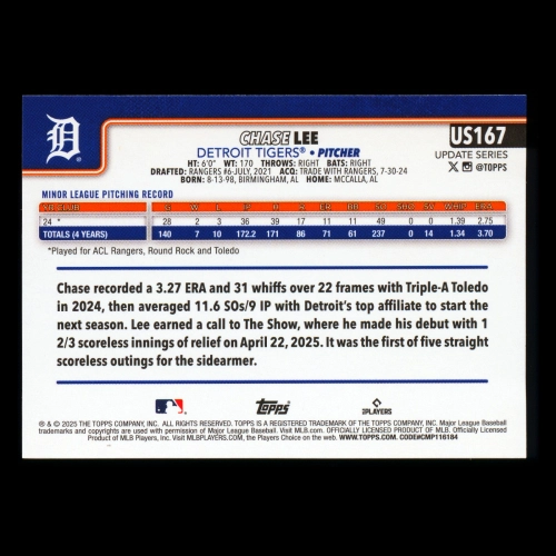 Chase Lee RC 2025 Topps Update Rookie Tigers