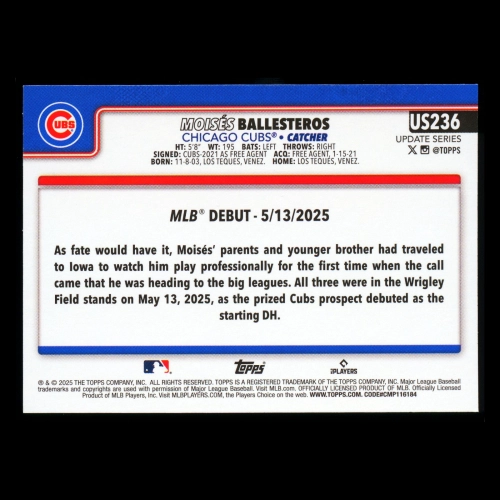 Moiss Ballesteros 2025 Topps Update Rookie Debut Cubs