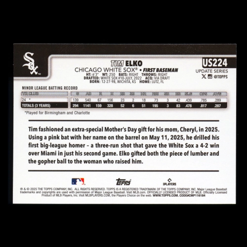 Tim Elko RC 2025 Topps Update Rookie White Sox