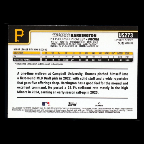 Thomas Harrington RC 2025 Topps Update Rookie Pirates
