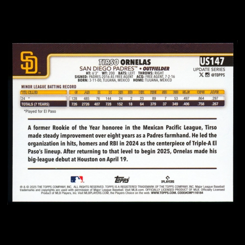 Tirso Ornelas RC 2025 Topps Update Rookie Padres