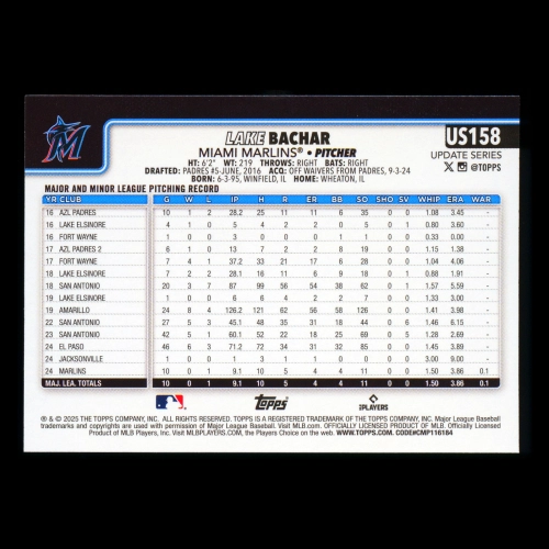 Lake Bachar RC 2025 Topps Update Rookie Marlins