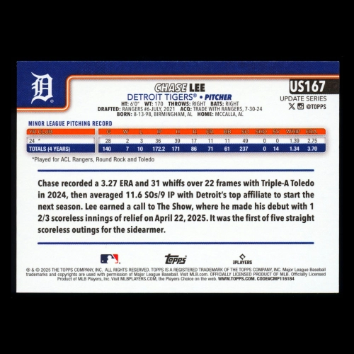 Chase Lee RC 2025 Topps Update Rookie Tigers