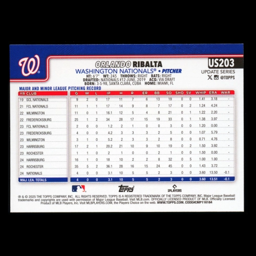 Orlando Ribalta RC 2025 Topps Update Rookie Nationals