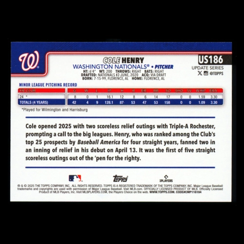 Cole Henry RC 2025 Topps Update Rookie Nationals