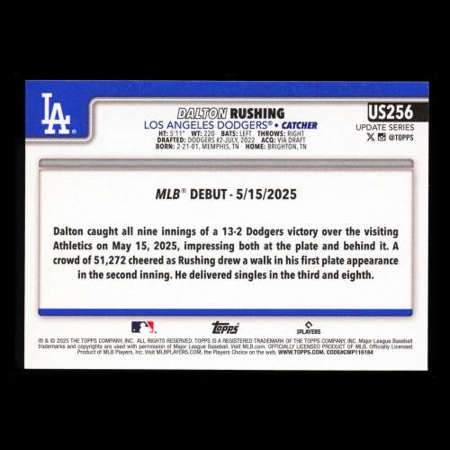 Dalton Rushing 2025 Topps Update Rookie Debut Dodgers