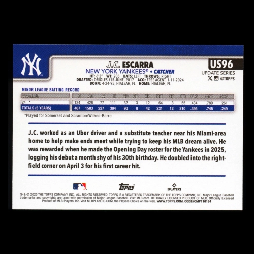 J.C. Escarra RC 2025 Topps Update Rookie Yankees