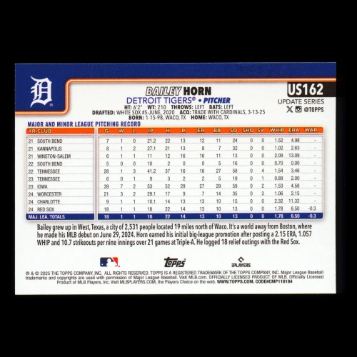 Bailey Horn RC 2025 Topps Update Rookie Tigers
