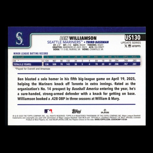Ben Williamson RC 2025 Topps Update Rookie Mariners