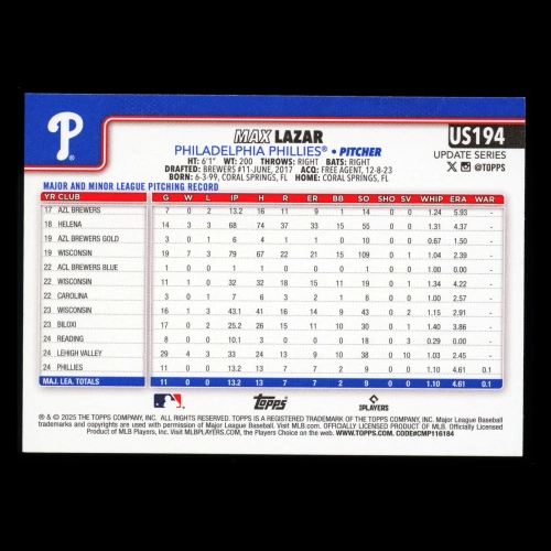 Max Lazar RC 2025 Topps Update Rookie Phillies