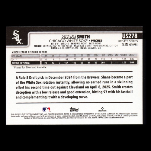 Shane Smith RC 2025 Topps Update Rookie White Sox