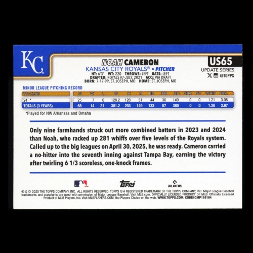 Noah Cameron RC 2025 Topps Update Rookie Royals