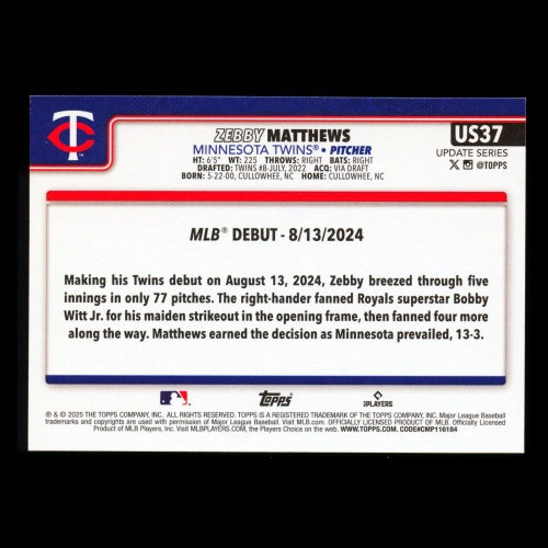 Zebby Matthews 2025 Topps Update Rookie Debut Twins