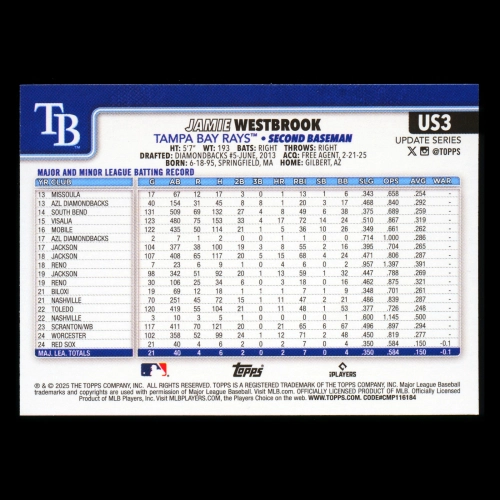 Jamie Westbrook RC 2025 Topps Update Rookie Rays