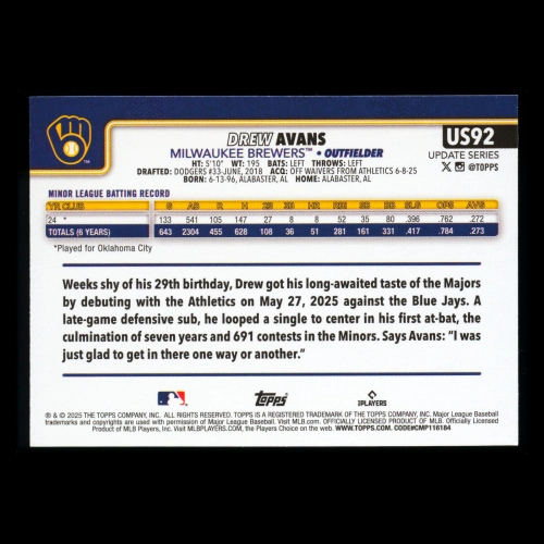 Drew Avans RC 2025 Topps Update Rookie Brewers